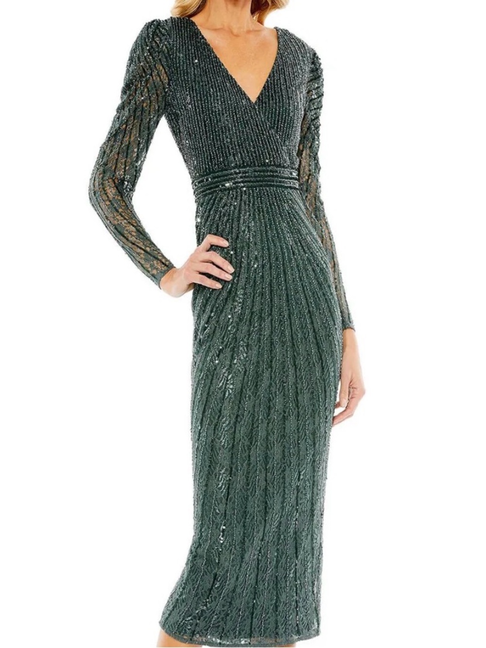 Mac Duggal Forest Green Sequin V-Neck Midi Dress